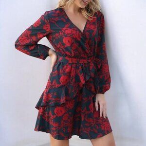 Saints + Secrets V-Neck Navy Front Tie Dress with‎ Red Floral Design - Size XS